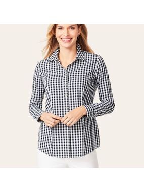 TALBOTS Petites Non-Iron Black White Gingham Long Sleeve Button Front Shirt 14P